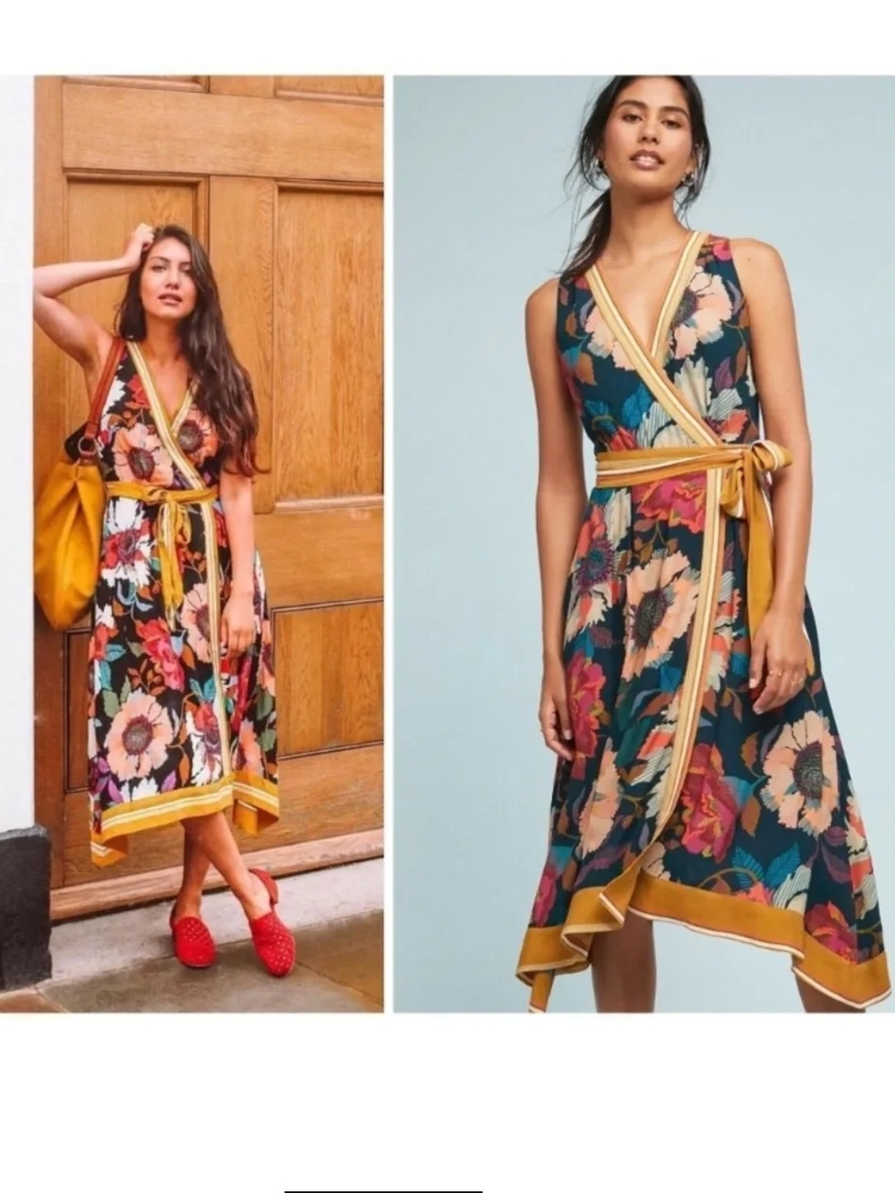 Anthropologie Maeve Multicolor Floral Wrap Midi Dress in Navy with Mustard Trim